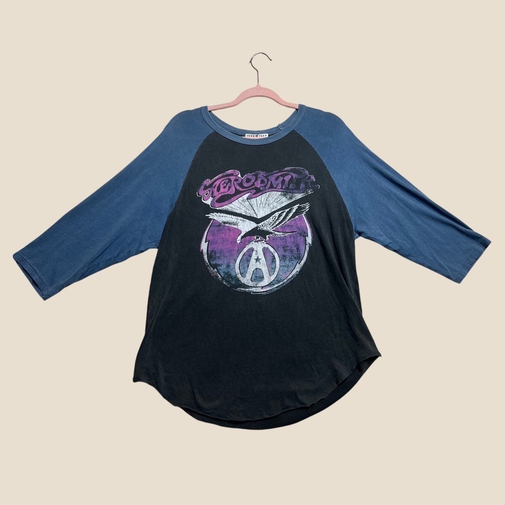 Junk Food Aerosmith Graphic Raglan Baseball Tee Blue Grey 3/4 Sleeve Small